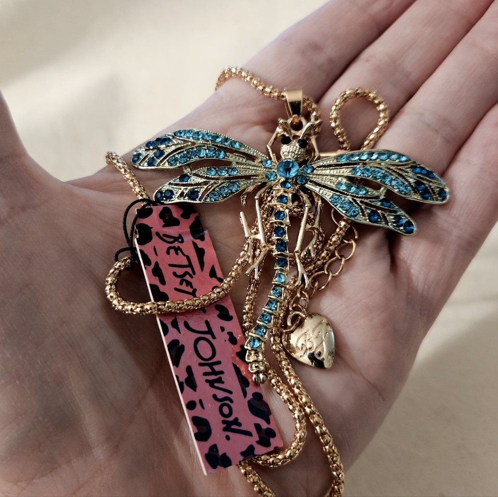 Betsey Johnson Gold Tone Blue Rhinestone Dragonfly Pendant Necklace 29"L NWT